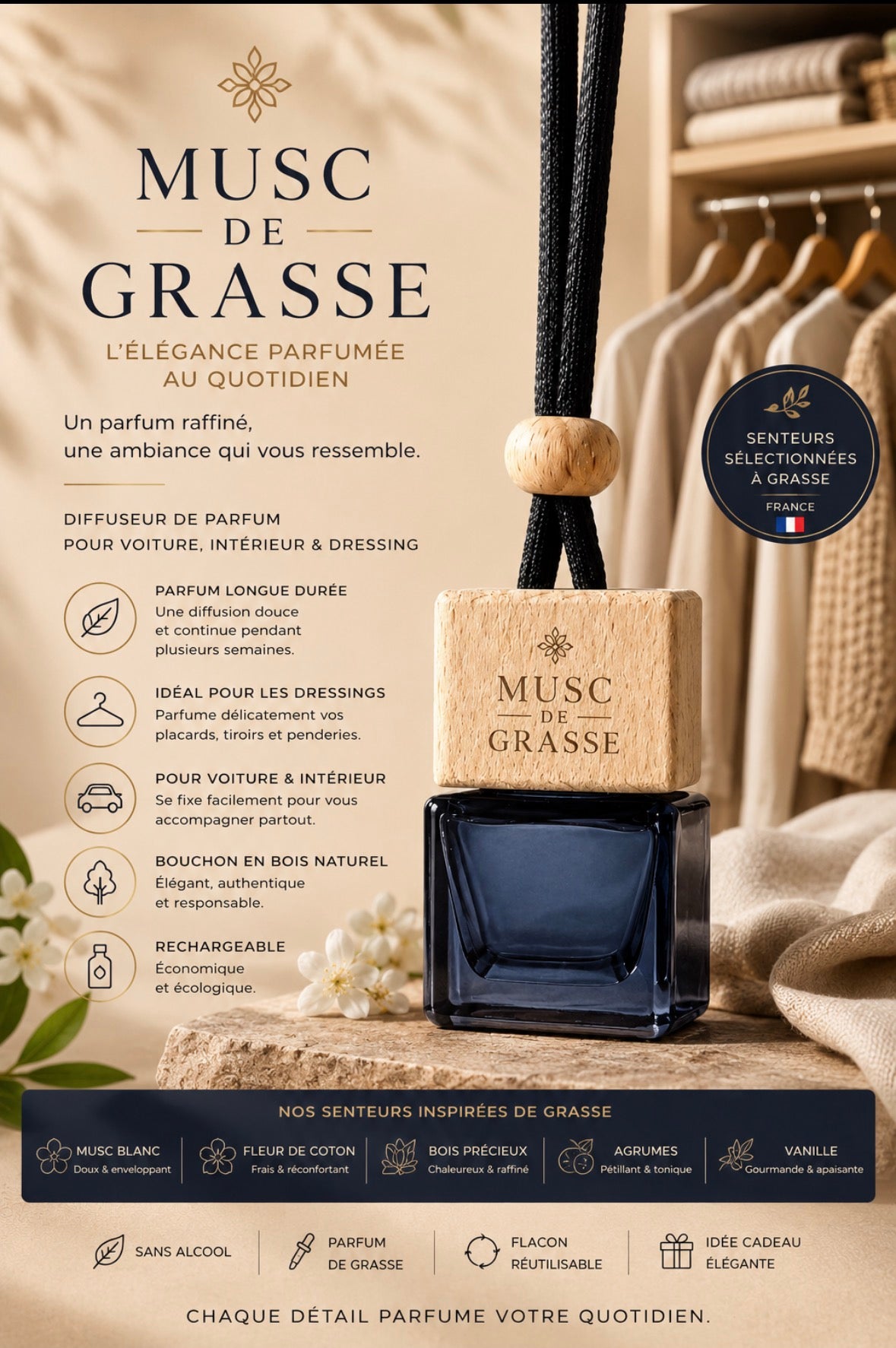Musc Monoi Parfum de Grasse spécial, Voiture et dressing