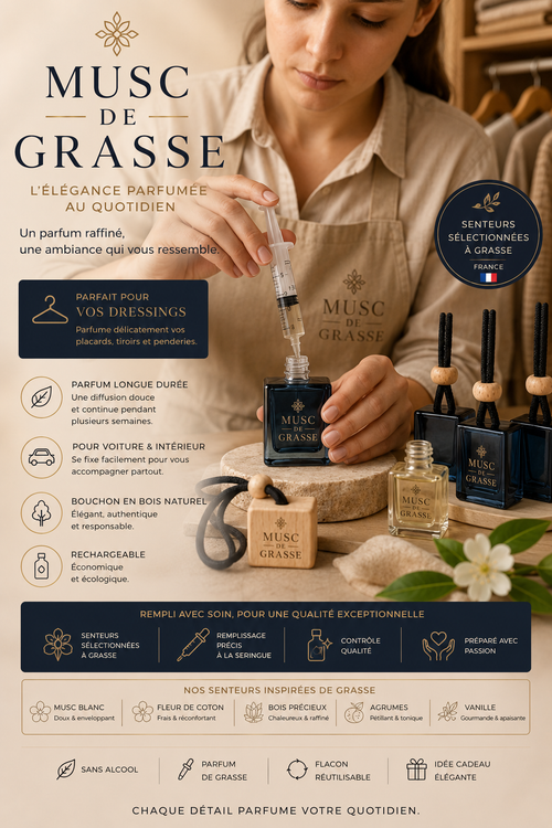 Musc Monoi Parfum de Grasse spécial, Voiture et dressing